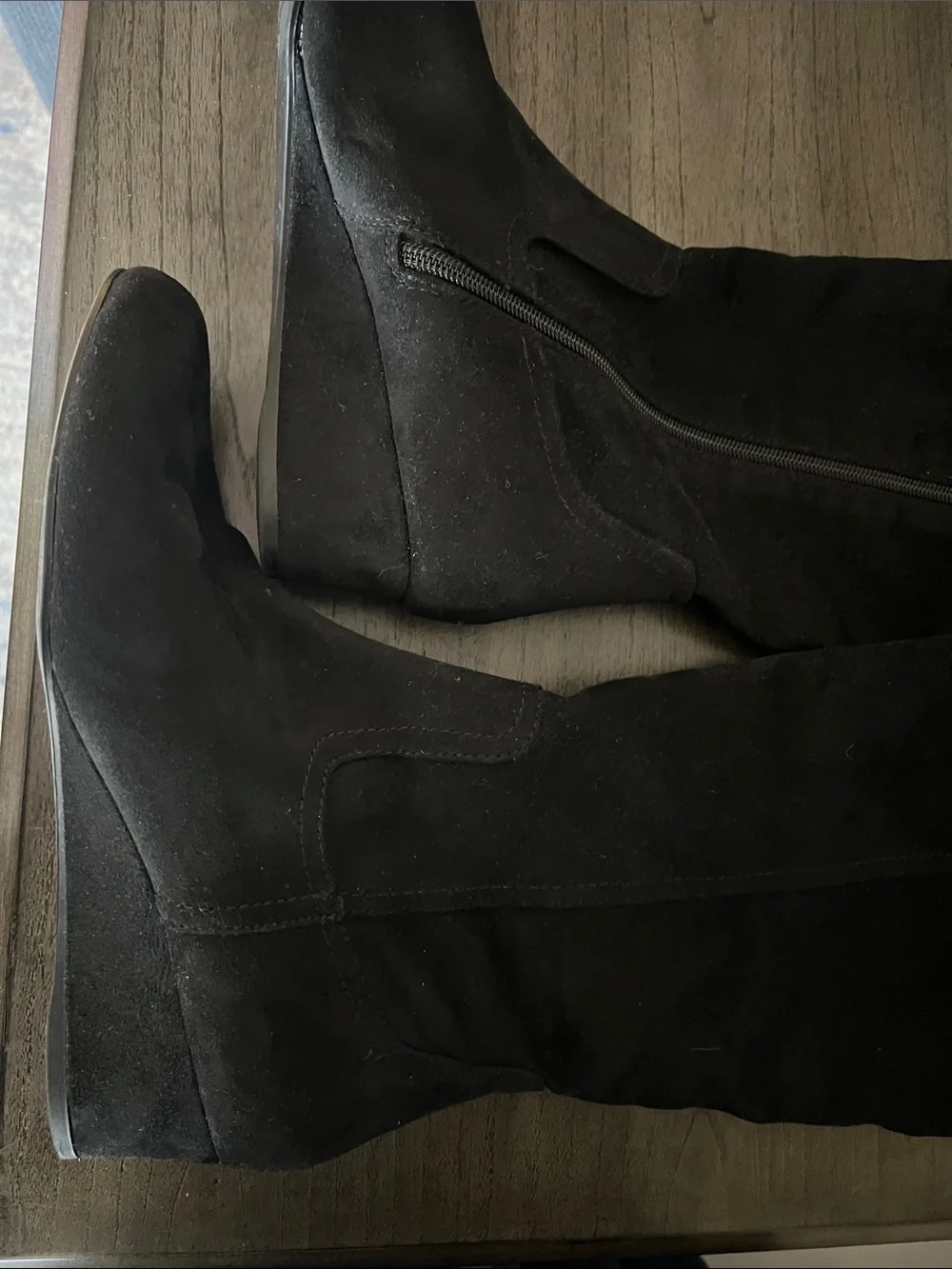 Women's Black Suede Knee-High Wedge Boots with Buckle Detail